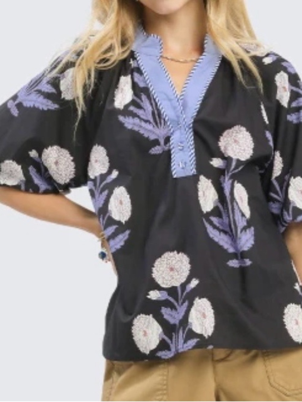 Umgee Black Floral V-Neck Tunic with Lavender Embroidery